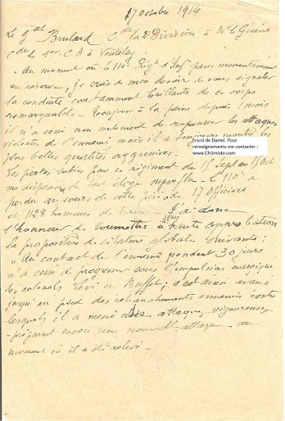 110eRI document1.jpg - Félicitations Général Brulard  : proposition de citation du 110e adressée par le Gl Brulard au Gl Deligny.Cette lettre fait état de pertes énormes pendant ce mois d'octobre 1914 : 17 officiers (30% de l’effectif) et 1128 hommes de troupe, dont on ne trouve pas la moindre mention dans le journal de marche. Document écrit de la main du commandant de la 11e compagnie du 3e bataillon du 110e régiment d'infanterie, le capitaine Georges DUQUESNAY, tué à Mesnil-les-Hurlus le 17 février 1915.
