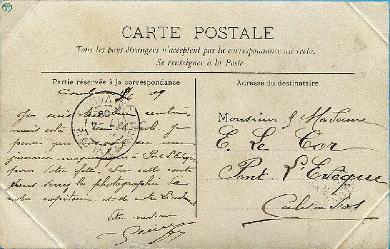 regiment119 32b.jpg - Photo N° 32 verso : Carte envoyée à Monsieur E. LE COR de Pont-L'êvèque (Calvados) en 1908
