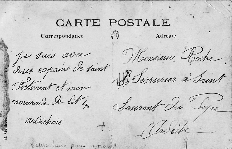 regiment141 23b.jpg - Photo N° 23 verso : Carte adressée à Mr ROCHE, serrurier à Saint-Laurent-du-Pape (Ardèche) - L'auteur de la carte est certainement  Arthur Eugène ROCHE (né 1888) lui aussi serrurier dans la même commune. Il devait écrire à son père Étienne ROCHE. Sa FM : https://archives.ardeche.fr/ark:/39673/8fd5c43a7a70298050rm07/daogrp/0/1