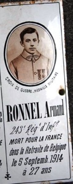 RONNEL1.jpg - RONNEL Raoul Armand du 145e régiment d'infanterie, mort pour la France à Maubeuge -  Sa FM indique le bon régiment à son décès : http://archivesenligne.pasdecalais.fr/v2/ark:/64297/1ed73f2dbca6c0a92baa6b95f1623e74