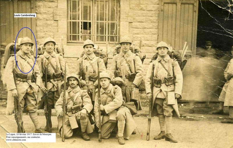 regiment154 2a.jpg - Photo N° 2 recto : Louis CAMBRELENG était au 155ème d'infanterie lors de son incorporation en 1916, et passe ensuite au 154ème. Cette photo est datée du 10 février 1917 au Légué . CAMBRELENG - GADAT - CARLIER - BASQUIN - BIQUEL - BOURGEOIS - BRUNEAU - Il s'agit d'une photographie prise au dépôt du 155e RI à Le Légué en Bretagne. Les jeunes soldats viennent de recevoir l'équipement neuf pour rejoindre le 9e bataillon du 154e RI où se poursuivra leur instruction. ( Merci à  @Parcours1418 )