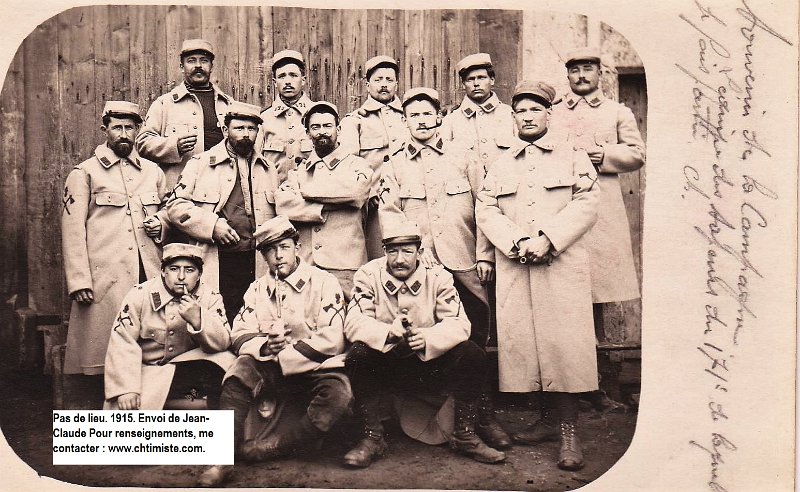 regiment171 16.jpg - Photo N° 16 : " Souvenir de la campagne. L'équipe des Sapeurs du 171ème régiment d'infanterie de lequel je fais partie. Ch " - Datée au dos de 1915.