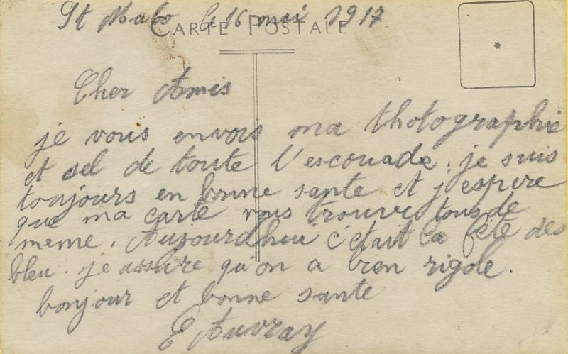 regiment47 11b.jpg - Photo N° 11 verso : 47ème régiment d'infanterie de Saint-Malo, carte datée du 16 mai 1917, envoyée d'un certain E. AUVRAY.