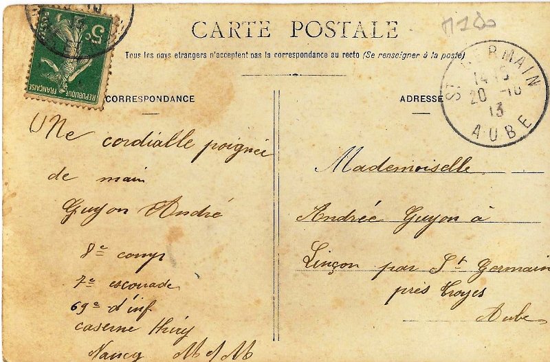 regiment69 36b.jpg - Photo N° 36 verso : carte envoyé par André GUYON du 69ème régiment d'infanterie - 1913
