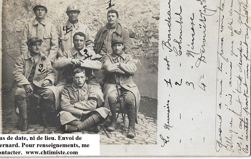 regiment73 12a.jpg - Photo N° 12 a : Soldats BOURDEAU (1), COLOMBEL (2), MÉSESSE (3) et le caporal DEROUËT (4). Date : après 1915 (présence du casque).