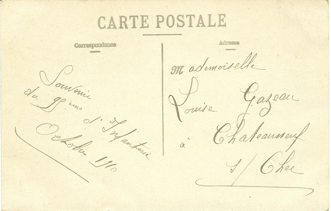 regiment95 11b.jpg - Photo N° 11  : Verso - Date 1910 - Adressée à Louise GAZEAU à Chateauneuf-sur-Cher