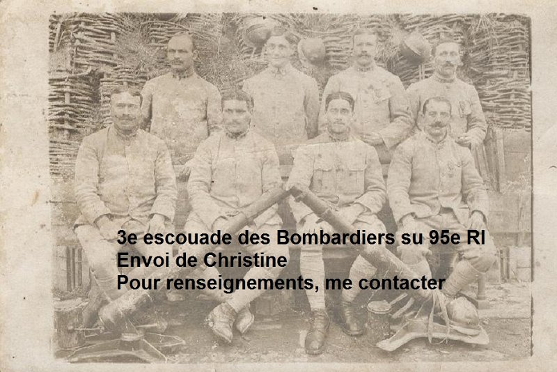 regiment95 4.jpg - Photo N° 4 : Envoi de Christine : " Au dos est écrit - souvenir de Virginy (Marne) - 3e escouade des Bombardiers du 95e régiment d'infanterie" et la date du 18 avril 1918 (ou 1916, peu lisible). D'après des recoupements de données généalogiques, il est vraisemblable que figure sur cette photo Lucien Eugène WEBER, né à LOISON (55) en 1893, marié en 1918 dans l'Eure-et-Loir avec Angèle RENVOISE, mais je ne sais pas le reconnaître sur la photo."