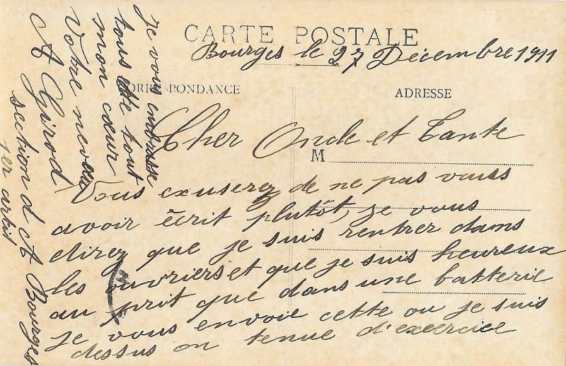 regimentartillerie1 11b.jpg - Photo N° 11 verso : Carte envoyée de Bourges le 27 décembre 1911 d'un certain A. GIRARD.