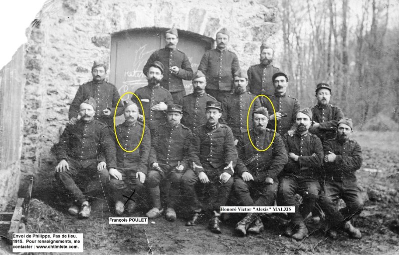 regimentartillerie48 8.jpg - Photo N° 8 : 1915 - Au dos " Ma campagne - 1914/1915 " - François POULET, né en 1878, à Saint-Bonnet-en-Bresse (71). En juillet 2023, un internaute, Ava, possède la même photo de groupe où figure son grand-père Honoré Victor "Alexis" MALZIS né en 1879 à Saint-Roch-sur-Egrenne (61). Ces soldats pourraient appartenir au 48ème régiment territorial d'artillerie (indiqué sur la FM d'Honoré Victor).