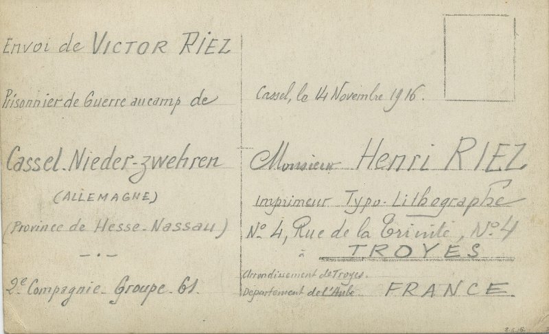 campcassel 31b.jpeg - Photo n° 31 verso : Carte envoyée par Victor RIEZ - Novembre 1916 - Camp de Cassel ou Wahn - Les Avesnois en captivité