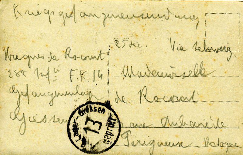 giessen16b.jpg - Photo N° 16 verso : Photo du camp de GIESSEN - 1917 - Carte adressée par Hugues DE ROCOURT, matricule M19 à sa soeur Hedwig DE ROCOUR le 25 décembre 1917.