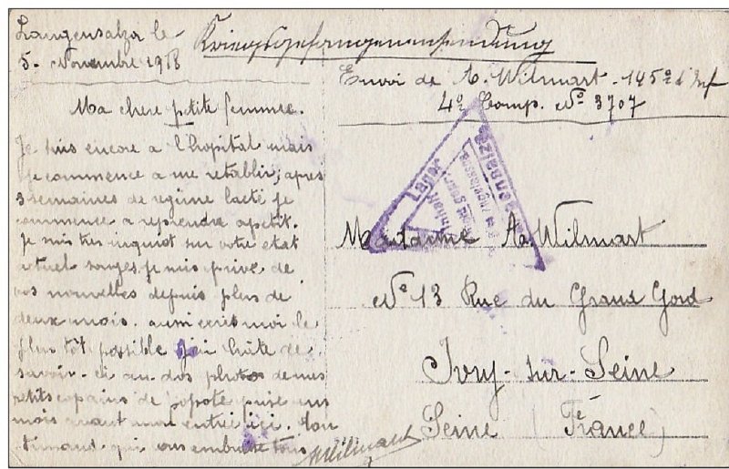 Langensalza10b.jpg - Photo N° 10 verso : Carte envoyée du camp de Langensalza le 5 novembre 1918 par A. WILMART du 145e régiment d'infanterie à sa femme.