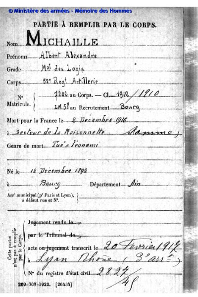 13eRCC MICHAILLE2.JPG - Albert Alexandre MICHAILLE né le 12/12/1892 à Bourg-en-Bresse (01) et mort le 02/12/1916 secteur de la Maisonnette (Somme) - Est passé par le 13e régiment de chasseur à cheval, puis 54e régiment d'artillerie de campagne, puis 52e régiment d'artillerie de campagne.