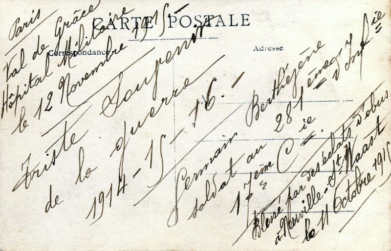Paris20b.jpg - Photo N° 20b : Hôpital Val-de-Grace  de Paris dont un blessé du 281ème régiment d'infanterie : Laurent BARTHÉJENE - Carte daté du 12 novembre 1915
