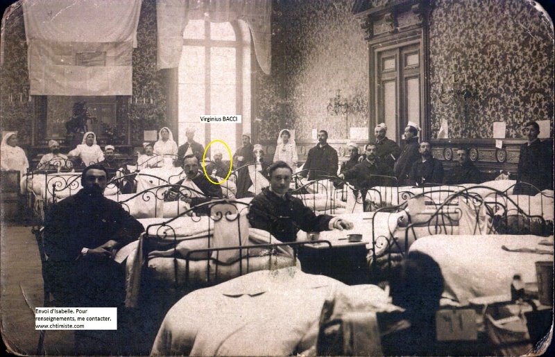 Nice4.jpg - Photo N° 4 : Au dos : "Décembre 1914 - Hôtel de Nice", boulevard Carabacel, transformé en hôpital. -  Virginius BACCI, classe 1902, a été blessé à la main et amputé d'un doigt. Il était au 163e régiment d'infanterie.