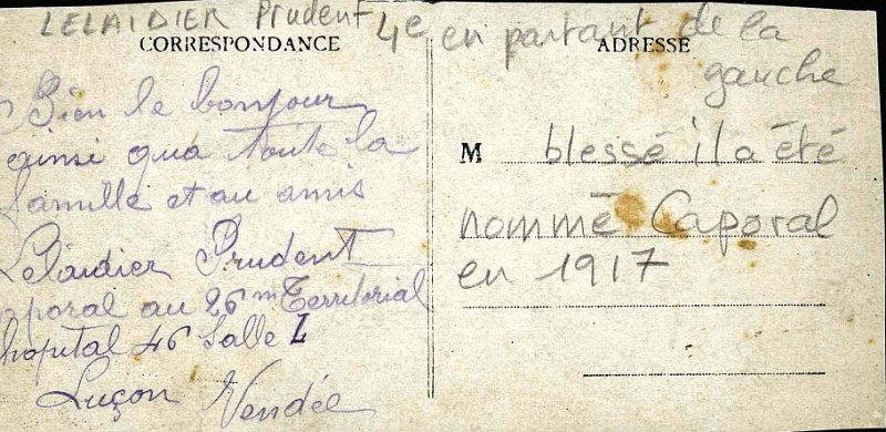 Luconb.jpg - Photo N° 2 verso : Carte envoyée par Prudent LALAIDER caporal au 26ème régiment d'infanterie territoriale, hôpital N° 46 à Luçon (85)