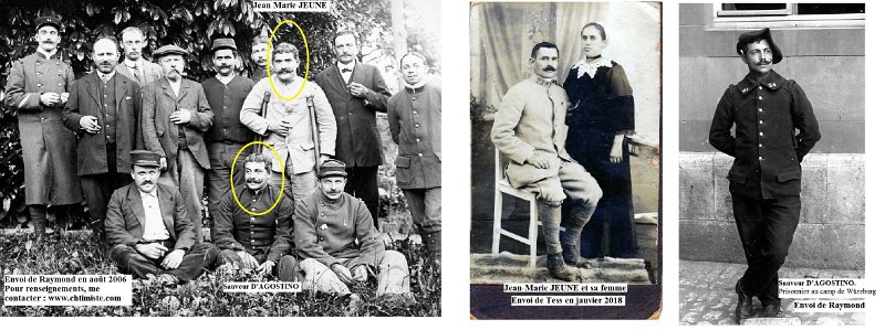 suisse3.jpg - Photo N° 3 : Sauveur D'AGOSTINO originaire de Marseille, a été blessé et fait prisonnier le 20/08/1914 sur le plateau de Vic-sur-Seille au sud de Dieuze. Interné au camp d'Hammelburg. Le 25/05/1916 il est à Leysin (Suisse), en fonction de l'accord négocié par la Croix rouge pour l'internement des prisonniers blessés en Suisse. Puis en 1916 toujours en Suisse, mais à Corseux-sur-Vevey. Il est libéré en juillet 1918...   ----> Une internaute, Tess, a reconnu en janvier 2018, son AAGP, Jean-Marie JEUNE sur la photo envoyée par Raymond en 2006. Elle nous envoie sa photo prise avec son épouse. Jean-Marie JEUNE, cultivateur a débuté au 48e de Guingamp, puis logiquement passe au 248e RI. Pendant les combats de retraite à Tourteron (08) le 30 août 1914, il est blessé par balle à la cuisse droite. Prisonnier et soigné par les Allemands. Interné à Res-Laz-Weimar, il est envoyé en Suisse le 13 mai 1916 à Schinznach. Rapatrié en France en septembre 1918. La photo se situe donc entre ses 2 dates.