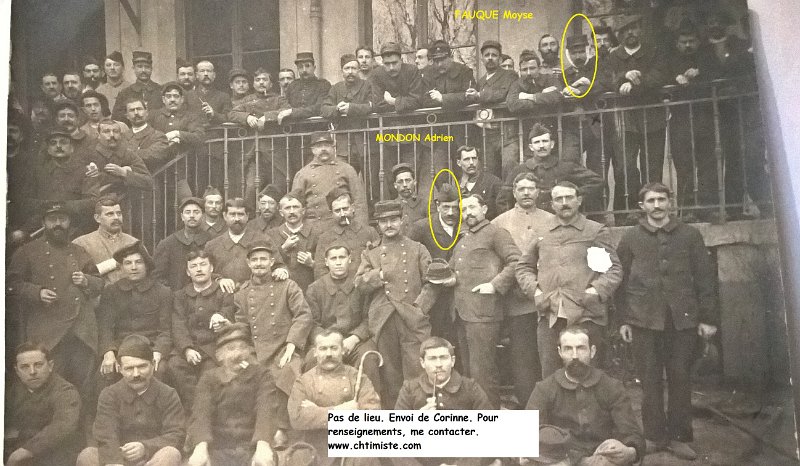 hopitalinconnu125 bis.jpg - 125 bis : La même photo mais envoyée par une autre internaute, Corinne : FAUQUE Moyse a été blessé par balle au visage près de Senones (Vosges) le 31 octobre 1914. Son nom figure dans la liste des blessés à cette même date dans le JMO de son régiment; le 363ème régiment d'infanterie. La photo daterait donc de la fin 1914 ou de l'année 1915 puisque en 1916, il était déjà retourné au front.