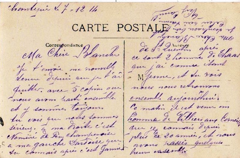 regimentterritorial48 6b.jpg - Photo N° 6 verso : Carte de Camille VÉRY à son épouse Blanche - 7 décembre 1914 - Quelques noms : NOMINÉ de Fère-Champenoise ; DARDOISE ; GAMIER de Saint-Quentin.