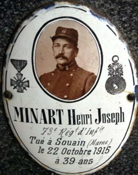 MINART.jpg - MINART Henri - Merci à  "  famillederaeve-arobase-hotmail.fr  " -  MINART Henri Joseph, batteur d'huile, du 6e régiment d'infanterie territoriale, puis 273e régiment d'infanterie à partir du 30/09/1915 - Erreur sur la plaque...Sa FM indique bien le 273e RI : http://archivesenligne.pasdecalais.fr/v2/ark:/64297/20c60e6543e85f77e2b006d67f0bc365