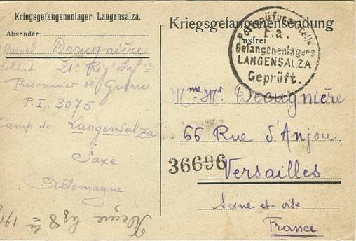 Carte envoy du camp de Lagensalza par le soldat Marcel Decugniere