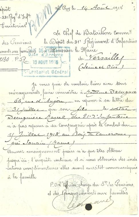 Courrier officiel annonçant la disparition du soldat Marcel Decugniere en Aout 1918